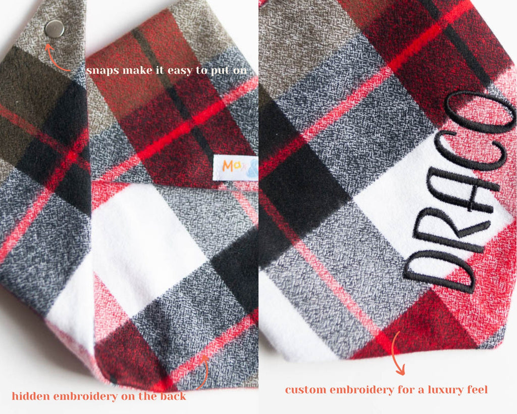 classic flannel dog bandana with snaps and embroidered name