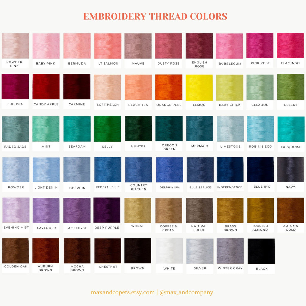 Embroidery thread color options for personalized dog bandanas at Max and Co Pets