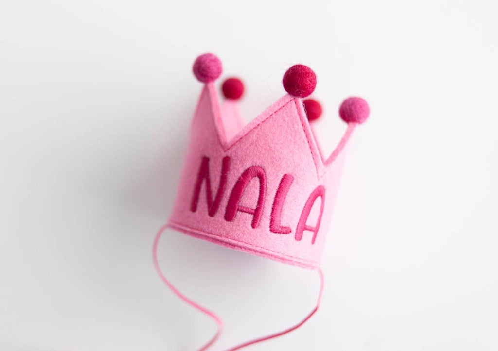 hot pink birthday hat with name; pompom hat;  baby birthday party; baby birthday hat
