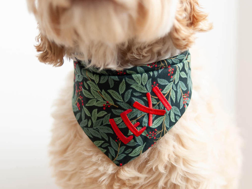 Christmas dog bandana with dog name embroidered