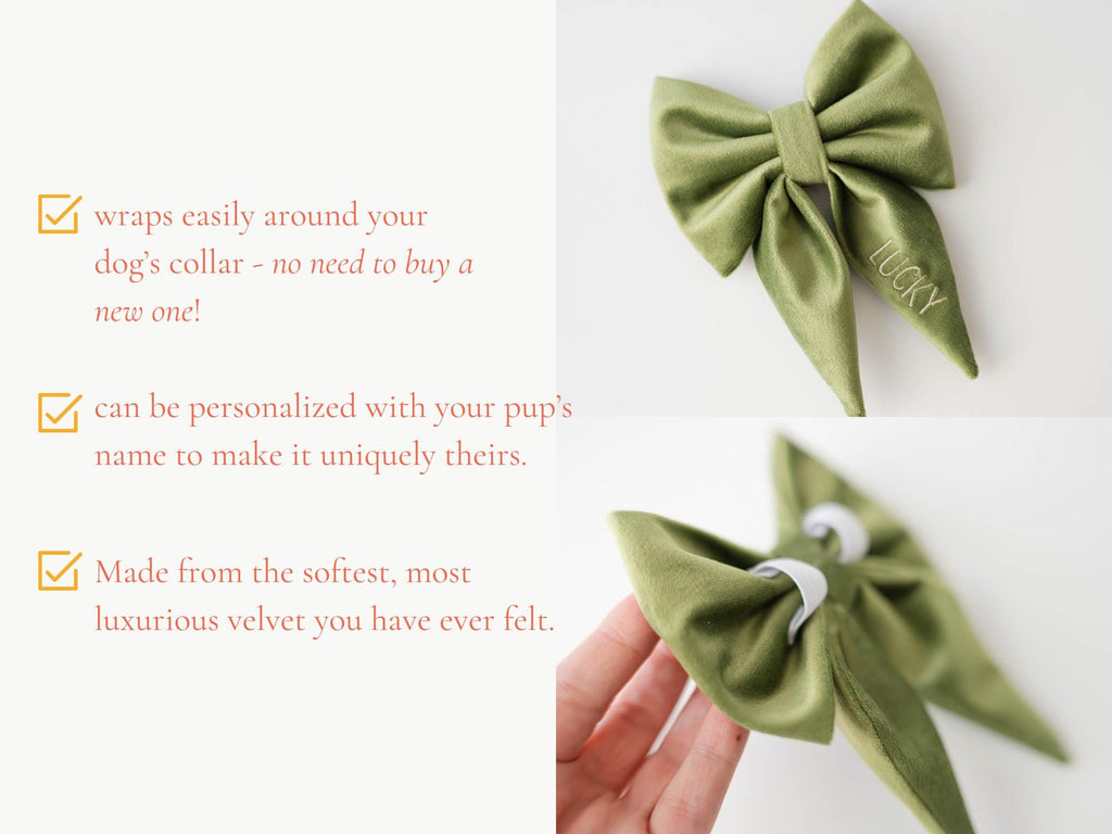 dog sailor bow; bow for dog collar; avocado green bow for dogs with embroidery; personalized bow; spring dog bow