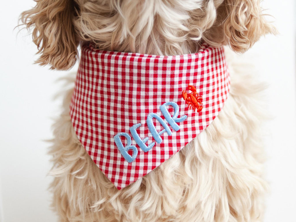 red gingham dog bandana with name and lobster; New England style dog bandana