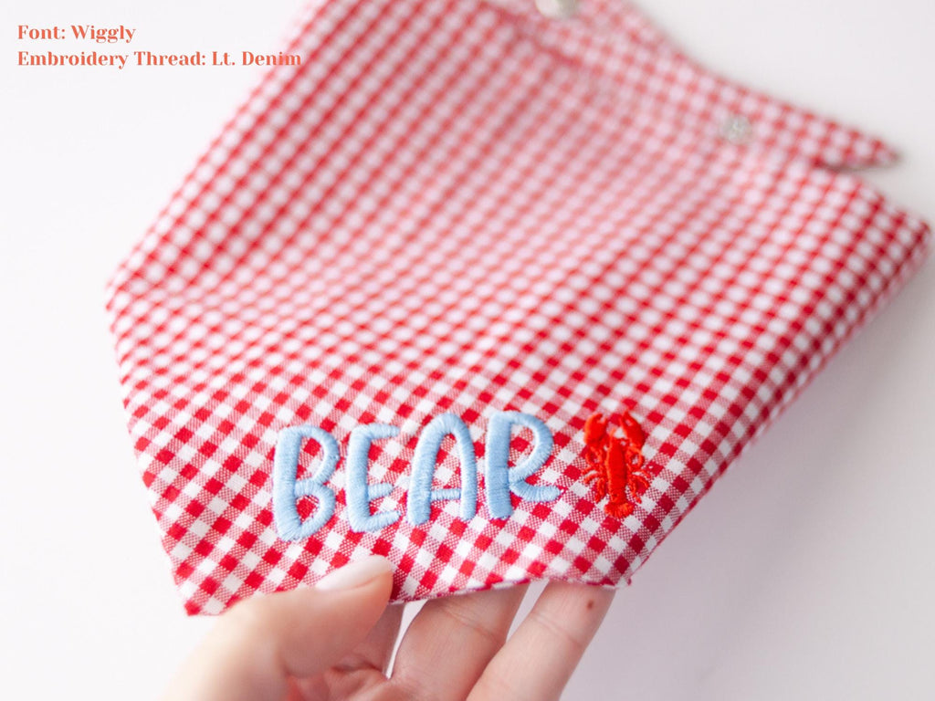 red gingham dog bandana with name and lobster; New England style dog bandana