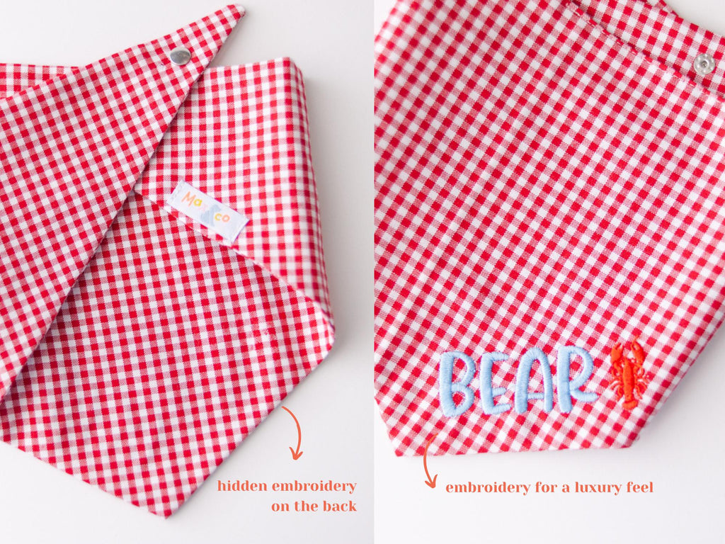 red gingham dog bandana with name and lobster; New England style dog bandana