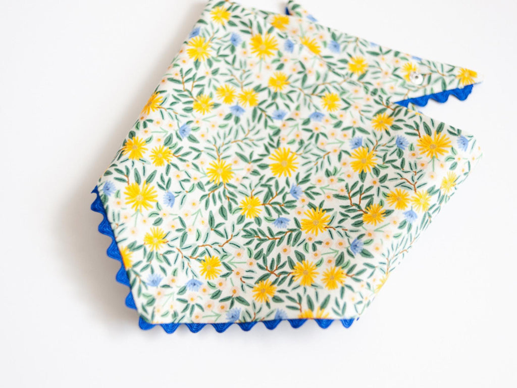 yellow floral dog bandana with ric rac trim, boho dog accessory