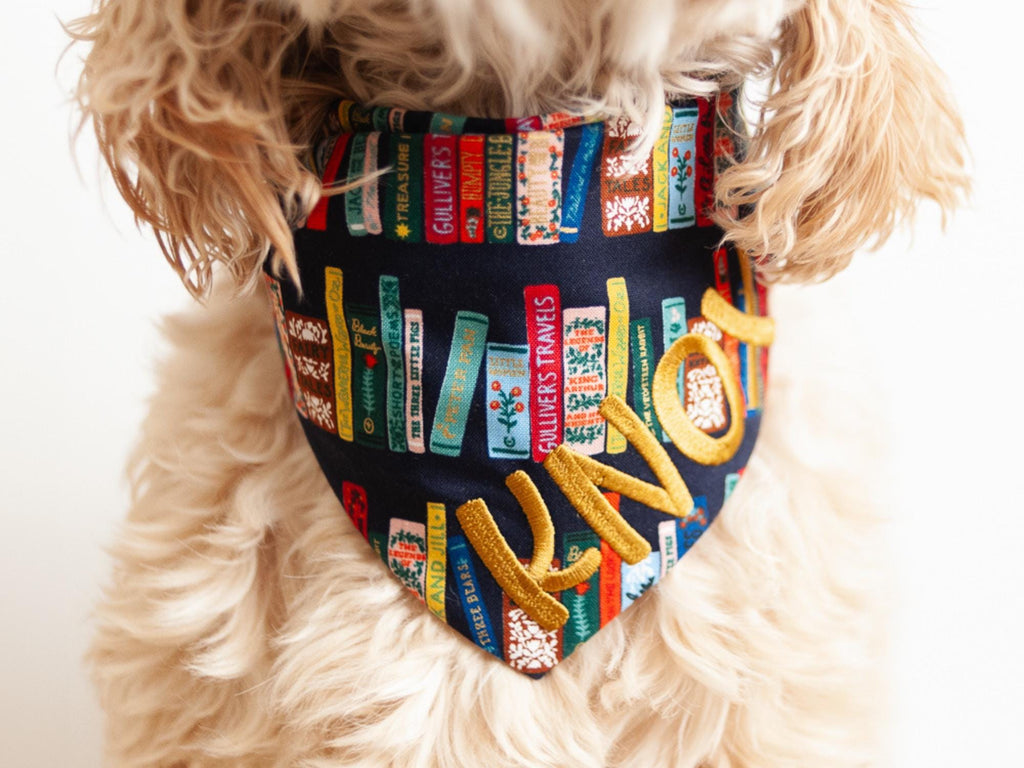 bookworm dog bandana with name; back to school dog bandana