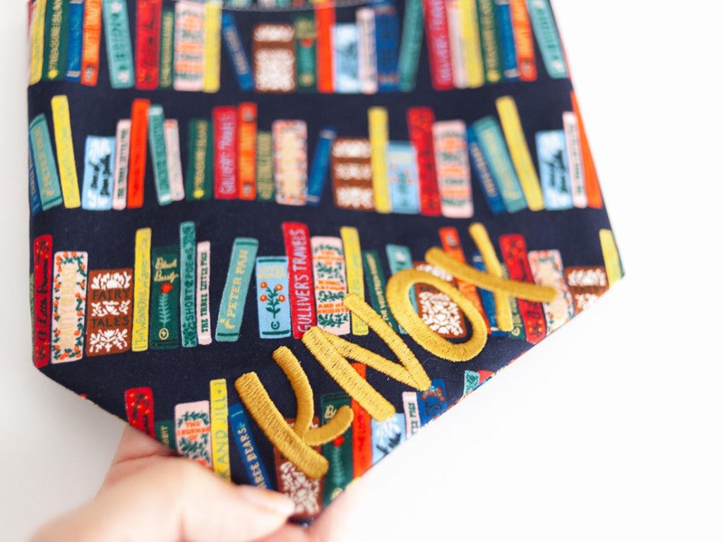 bookworm dog bandana with name; back to school dog bandana