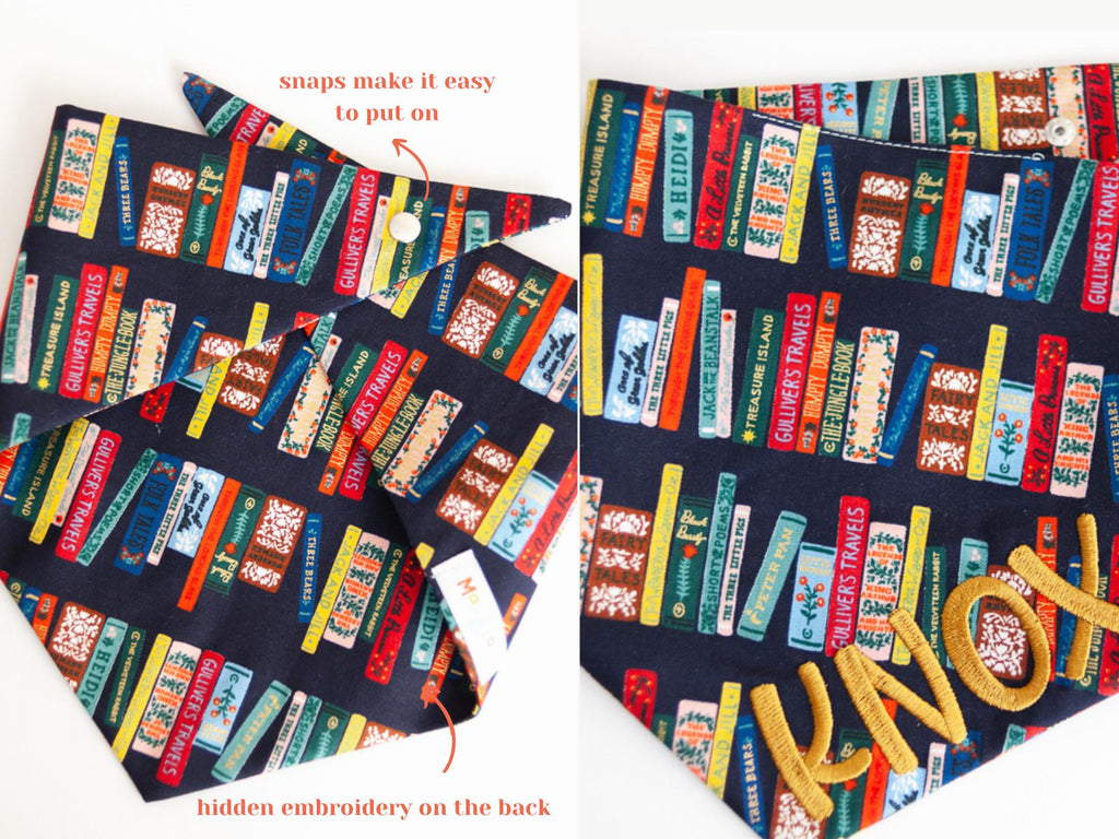 bookworm dog bandana with name; back to school dog bandana