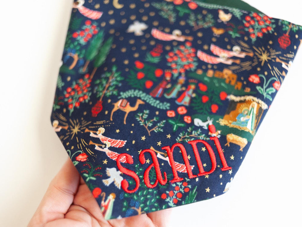 christmas nativity dog bandana with snaps and embroidered name