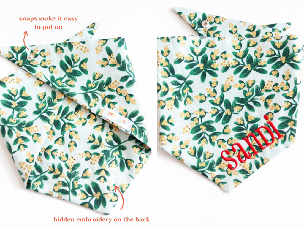 mistletoe dog bandana with embroidered name