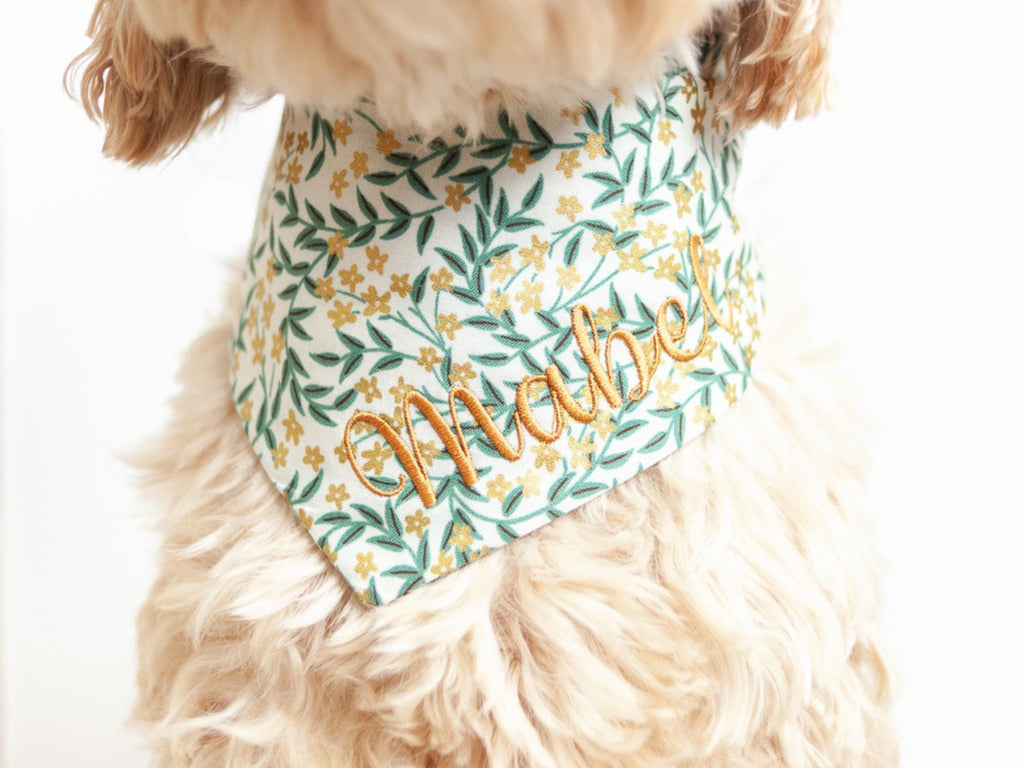 dog christmas bandana with gold floral and embroidered name