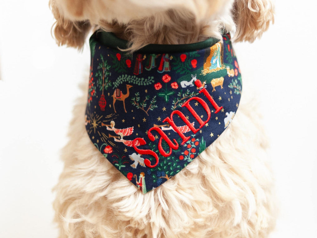 christmas nativity dog bandana with snaps and embroidered name