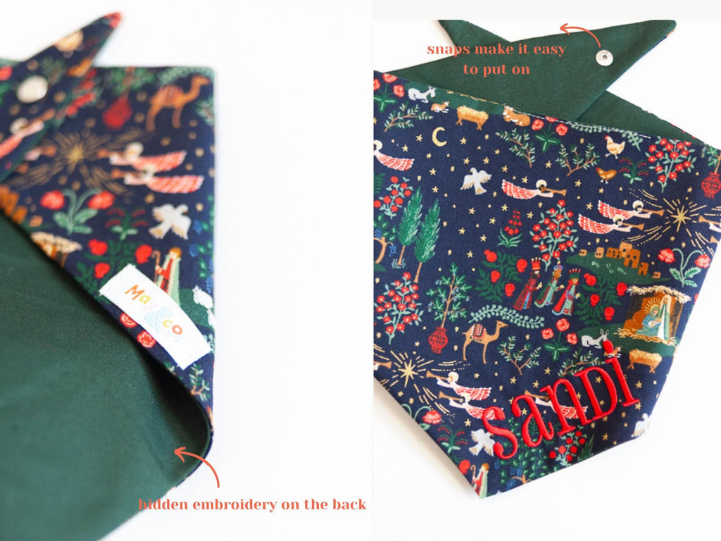 christmas nativity dog bandana with snaps and embroidered name