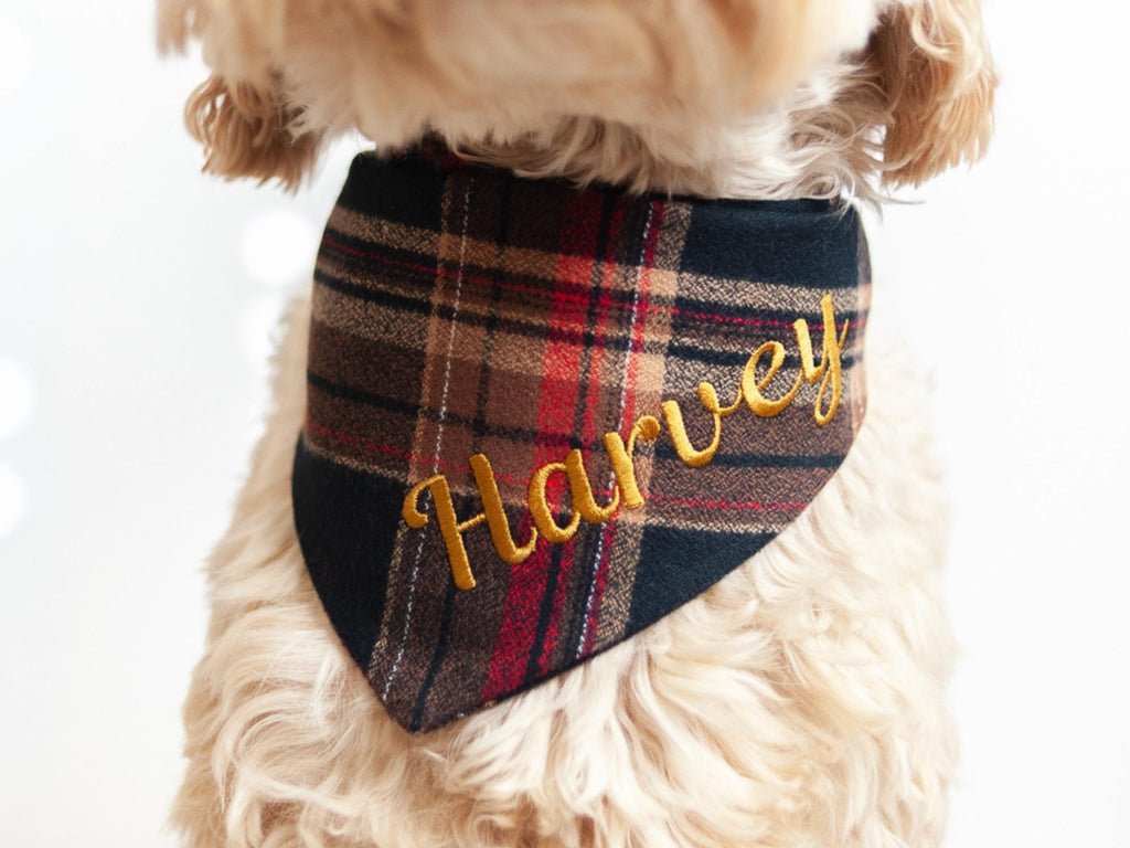 black, brown, and red flannel dog bandana with name