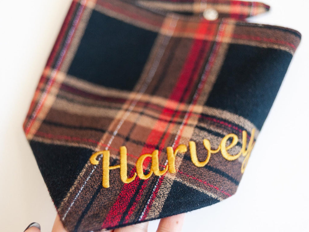 black, brown, and red flannel dog bandana with name