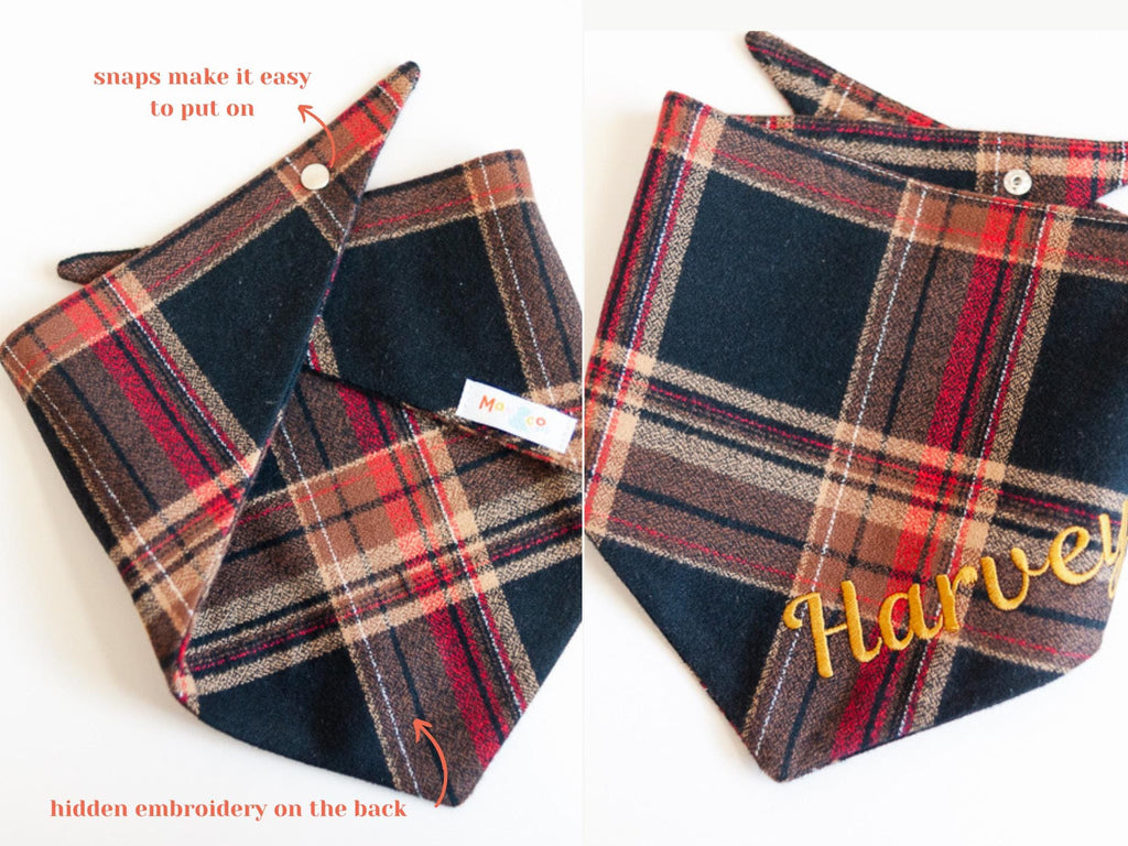 black, brown, and red flannel dog bandana with name