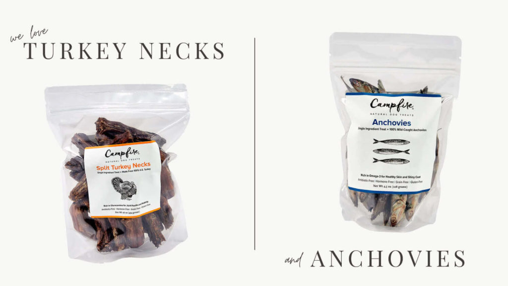 dog treats - dehydrated turkey necks or anchovies